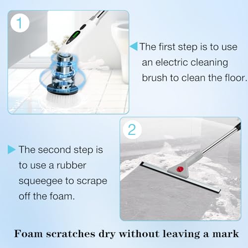 Image of Electric Spin Scrubber,Cleaning Brush with 9 Replaceable Brush Heads and 1 Rubber Squeegee Broom,3 Adjustable Size, 2 Speeds for Bathroom Shower Bathtub Glass Car