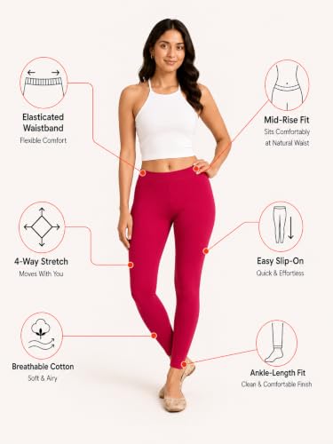 Image of Women's Cotton Lycra Ankle Length Leggings | Regular Rise, Soft 4 Way Stretch Fabric | Casual & Ethnic Wear