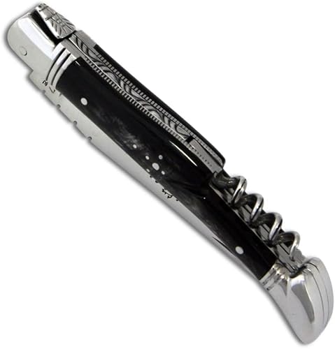 Couteau Laguiole - Manche en corne noire - avec tire-bouchon et mitres en inox - pliant - fabrication française artisanale