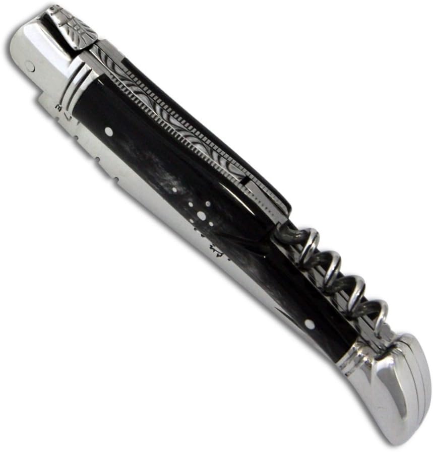 Couteau Laguiole - Manche en corne noire - avec tire-bouchon et mitres en inox - pliant -...