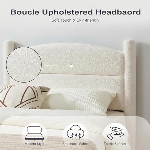 Garvee Boucle Queen Size Bed Frame, Upholstered Cloud Bed Platform with 4 Round Sturdy Legs, Noise Free & Wooden Slats Support, No Box Spring Needed, Easy Assembly Mattress Foundation - White by Garvee - Image 4