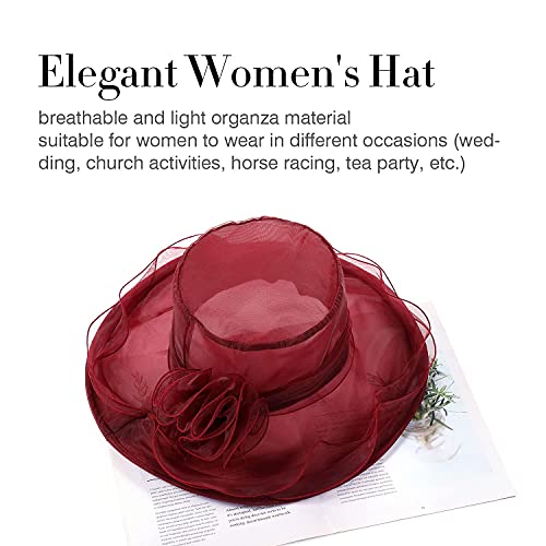 Tea Party Flower Fascinator Hat Organza Veil Fascinators Dress Top Hats Vintage Church Funeral Cocktail Easter Pillbox British Fancy Cap Headpiece For Women Girl (Wine Red) #TOP2