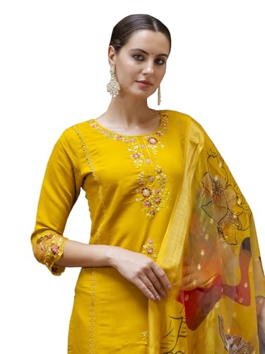 Image of VredeVogel Kurta Set with Dupatta | Viscose Roman Silk Embroidered Kurta Set for Women | Women's Ethnic Casual Kurti Set |Kurta Pant Festive Suit
