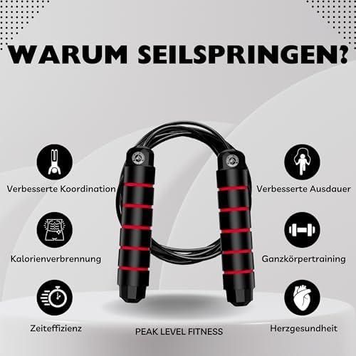 2. Bild von Peak Level Fitness Springschnur: Einstellbare Länge, Rutschfest, für Kinder & Erwachsene