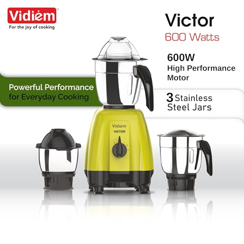 Image of Vidiem Victor Mixer Grinder for kitchen 600 Watt | 3 Stainless Steel Jars | Wet & Dry Grinding | Mixer for Masala, Chutney & Batter | Compact & Durable Kitchen Appliance | Green