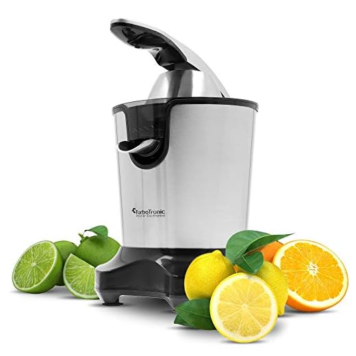 TurboTronic/citruspress elektrisk/rostfritt stål silver svart/300 W, juicepress med 2 presskoner, rostfritt stålfilter och hävarm, apelsinpress, juicer