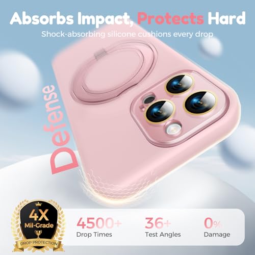 Image of Silicone 360 Spin Magnetic Stand Case for iPhone 16 Pro Max, [Compatible with Mag-Safe][Reinforced Hard Camera Protection] Liquid Silicone Rubber Phone Cover with Ring, Camera Button, Pink