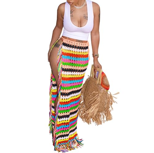 Women's Crochet Cover Up Skirts High Waist Split Knit Tie Up Hollow Out Beach Cover Up Swimwear2