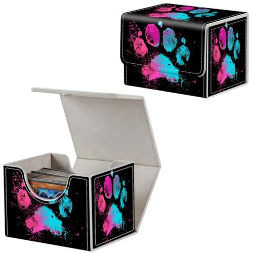 Qindaiwen Card Deck Box for MTG, Fits 100+ Single Sleeved Cards, PU Leather Trading Card Storage Box for TCG, CCG, MTG Cards, Strong Magnet Magic Gathering Deck Box, Colorful Dog'S Paw