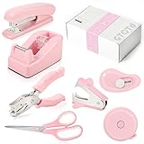 GTOTd Pink Office Supplies Desk Accessories Kit Includes Desktop Staple,Stapler,Single Hole Punch,Tape Dispenser,Stainless Steel Scissors,Small Telescopic Knife and Tape Measure