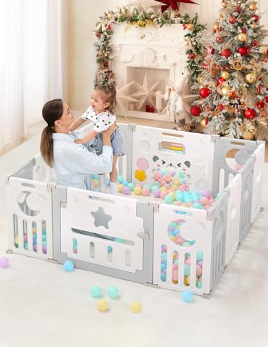 Foto von Dripex Laufstall Baby faltbar 150x150x62cm (14 Paneele) mit Spielboard, Laufgitter Baby, Kinderlaufstall & Babyzaun aus strapazierfähigem Plastik, Playpen für Innen & Außen, Grau