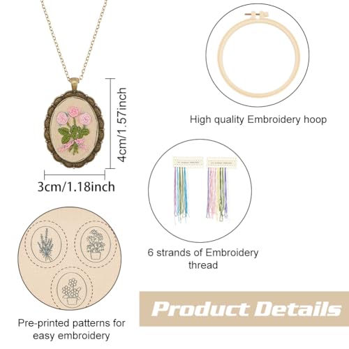 Image of FREEBLOSS 6 Set Embroidery Necklace Kit Embroidery Kit for Beginners Embroidery Pendant Flowers Brooch Mini Embroidery Kit with Instruction Embroidery Starter Kit for Adults Stamped Pattern Cloth