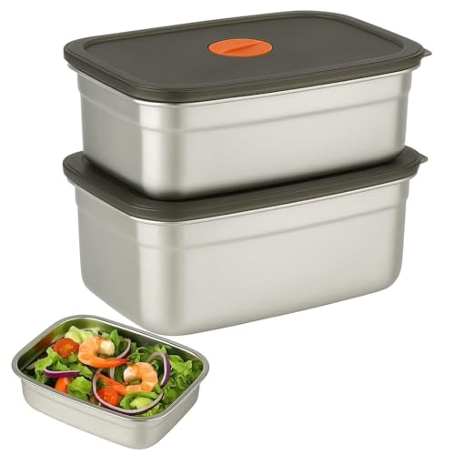 Image of CHONGZFU Stainless Steel Food Storage Containers With Airtight Lids Set, Stackable Leak Proof Metal Container Kitchen Storage Set, Draining Crisper Refrigerator Food Box, Silver 1000 & 1500 ML - 1