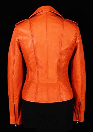 Women's Genuine Lambskin Leather Orange Color Slim Fit Biker Motorcycle Jacket #LC1164