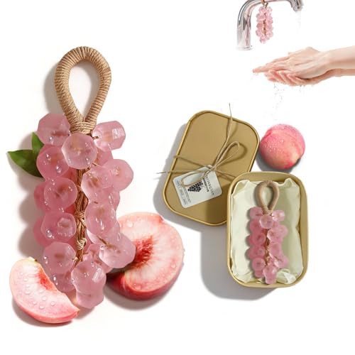 SHLLON Grape Soap on a Rope Handmade Grapes Cluster Shaped Soap Bar Decorative Hanging Bath Soap with Lasting Fragrance Cold Process Artisan Gift for Home Decor(Peach)