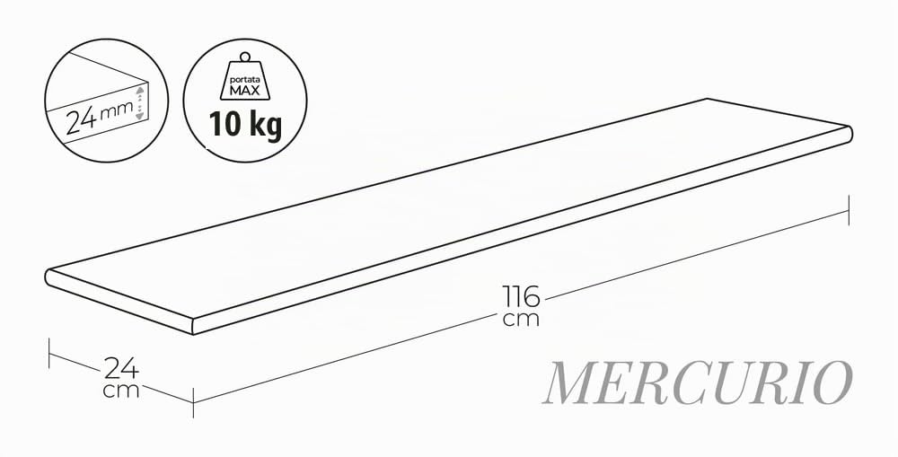 MODULARREDO | MERCURIO Mensola da Muro, Mensola Legno, Scaffali Legno, Mensola da Parete, 116x24x2.4 cm, Kit Tasselli Incluso, Noce - Made in Italy