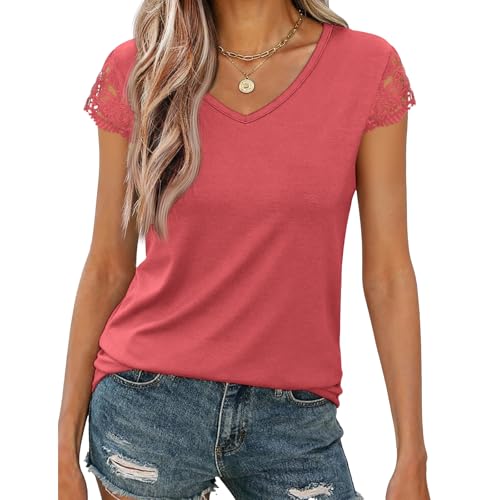 Image of Womens Tops V Neck Short Sleeve T Shirts Womens Summer Tops Casual Soft Basic Lace Tops Spring Summer Tees Clothes 2026