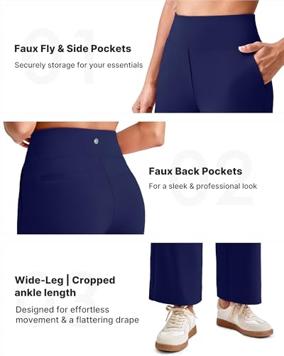 Image of G4Free EverGoing Wide Leg Ankle Pants for Petite Women with Pockets Stretch | Moisture Wicking, 4-Way Stretch, 7 /8 Ankle Length, Faux Fly Detail, Faux Back Pockets, Yoga To Casual Wear