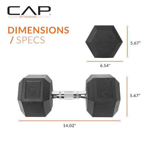 Image of CAP Rubber Coated Dumbbell Weights, Free Weights for Home Gym Strength Training, Anti-Roll Hex Dumbbells with Black, Chrome & Comfort Grip Handles, Singles