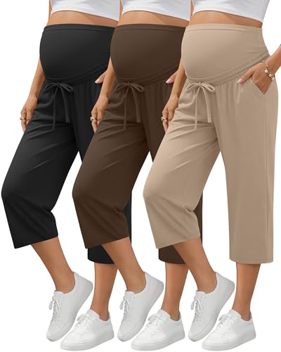 Sweetyweee 3 Pack Maternity Capri Pants Soft Over The Belly Knit Pregnancy Pants Loose Stretchy Lounge Pajama with Pockets(Black, Brown, Khaki,XX-Large)