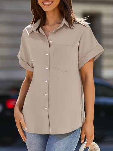 Beautife Womens Short Sleeve Shirts V Neck Collared Button Down Shirt Tops with Pockets
