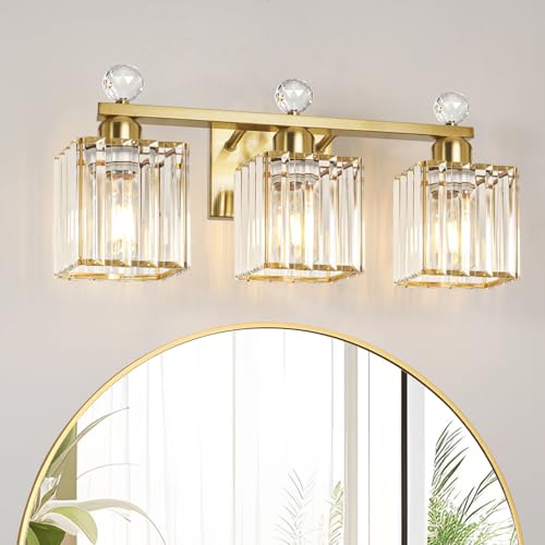 Image of Lxybcce Bathroom Vanity Light Fixture 3-Light - Vanity Lights for Bathroom with Crystal Shade Gold Metal, Easy Install No Drilling Needed, Shadow-Free Illumination for Modern Bathroom Mirror Decor