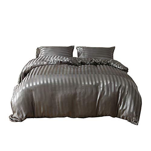 Hotniu Juegos de Fundas para edredón Franjas satén Funda de edredón Satén Rayas de Seda Satinado Funda nórdica - Todas Las Estaciones, Juego de Ropa de Cama (Gris, King) Cover