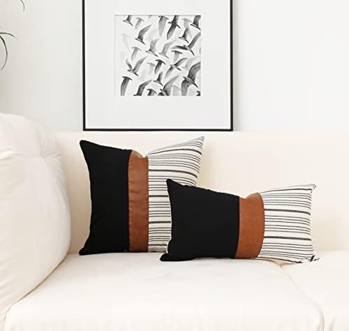 Throw Cushion Covers 45 x 45 cm Farmhouse Pillow Covers,Cotton Tan Faux Leather Square Home Decorative Pillow Case, Set of 2 Stripes Textured Linen Throw Pillow Case for Sofa Couch Chair Bedroom
