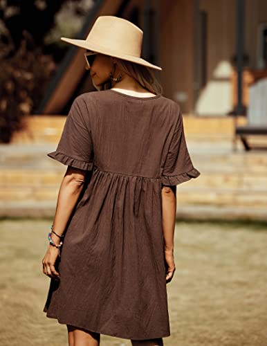 Hotouch Womens Summer Dress Short Sleeve Mini Dress Shift Flowy Dress Simple Dresses For Women Swing Dress With Pockets(Brown，S) #TOP3