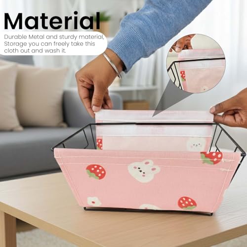 Image of Go Hooked Metal Storage Basket with Removable Fabric Liner | Cute Pink Bunny & Strawberry Print Multipurpose Organizer for Home, Office, Tabletop | Decorative Wire Basket for Toys, Fruits, Snacks