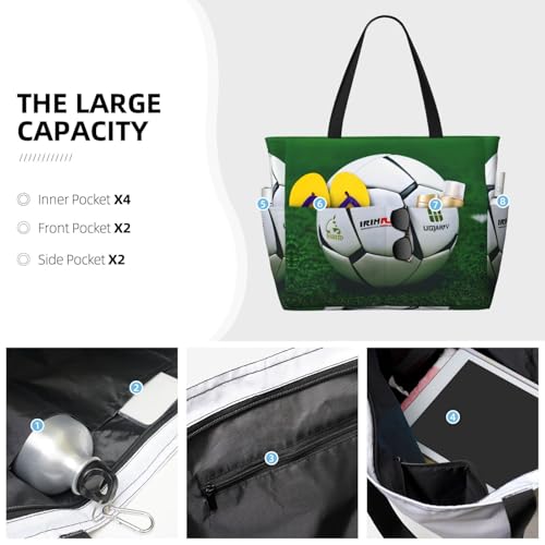 White Soccer Ball Large Beach Tote Bag Women Beach Tote Bag For Pool Gym Grocery Travel With Multiple Pocket3