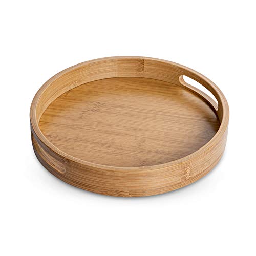 Image of XGzhsa Bamboo Serving Tray with Handles, Round Food Tray Made of Natural Bamboo Material, Ideal for Bread, Fruit, Coffee, Milk, Tea and More (30 x 30 x 5cm)