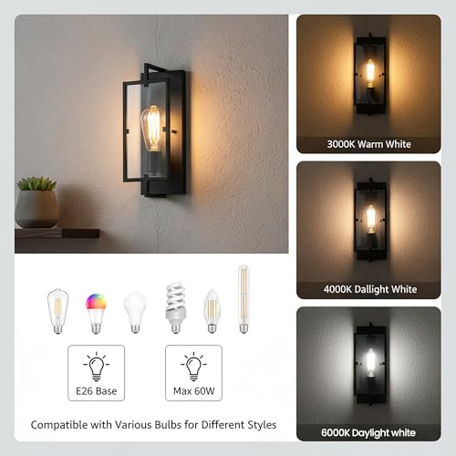Image of 1-Light Bathroom Light Fixture, Matte Black Vanity Lights Wall Sconce with Clear Glass Shade, Indoor Wall Lamp with E26 Base for Mirror Living Room Bedroom Hallway