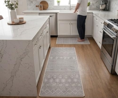 Image of HomeCloud Anti Fatigue Kitchen Rug Printed Thick Anti Slip, Washable, Big Size, Designer Folding Kitchen Mat for Home BedroomStandard Size (41 x 122 cm 41 x 61 cm) (Geomatric Grey)