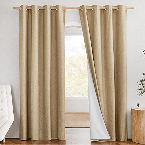 PONY DANCE Linen Bedroom Curtains Energy Saving 100% Blackout Thermal Door Curtains with Eyelets 213 cm Blackout Curtains for Study Living Room Camel 132 cm Wide 2