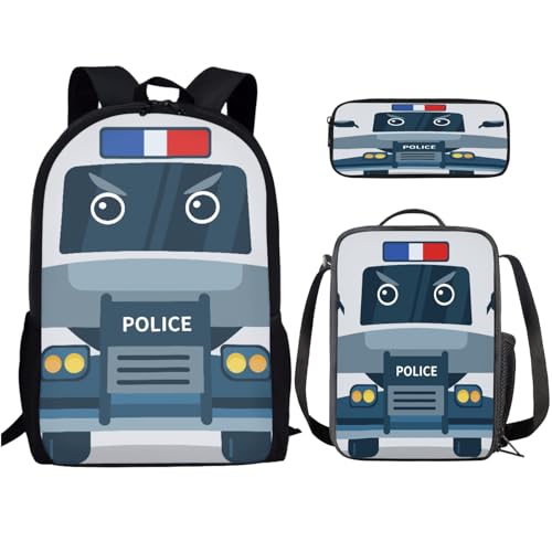 PCSJRKG Conjunto de Mochila Ônibus da Polícia com Lancheira E Estojo, Mochila Infantil Ônibus da Polícia com Desenho Animado, Mochila Leve para Meninos E Meninas, Conjunto de Mochila Escolar