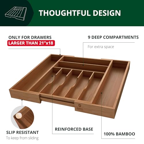 ROYAL CRAFT WOOD Luxury Bamboo Kitchen Drawer Organizer - Silverware Organizer - Utensil Holder and Cutlery Tray with Grooved Drawer Dividers for Flatware and Kitchen Utensils (9 Slot, Brown Bamboo) - image 4