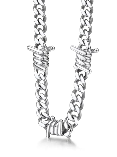 Mens Barbed Wire Necklace 7mm Thick Heavy Stainless Steel Goth Chain Gothic Punk Men Barbwire Chain Choker Necklace 16 Inch Stainless Steel Necklace