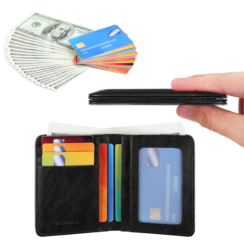 Bifold Slim Men Wallet Genuine Leather Thin, Small Vertical RFID Blocking Wallets for Men ，Compact & Stylish with Clear ID Windows (Black)2