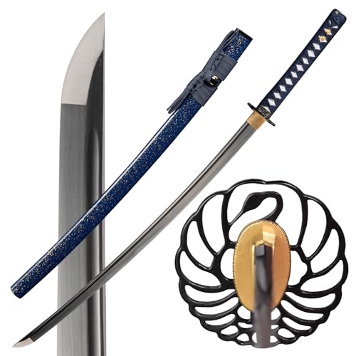 ATANAK Handmade Full Tang Katana Sword Real Hand Forged 1095 High Carbon Steel Authentic Japanese Samurai Sword for Martial Arts, Collection & Display - Blue Swan
