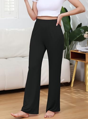 Image of Veseacky Womens Wide Leg Yoga Pants High Waisted Comfy Casual Loose Pants Lightweight Loose Casual Pajama Pants with Pockets(Black,L)