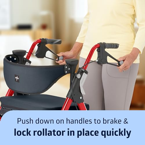 Medline Premium Empower Rollator Walker with Memory Foam Seat, Black & Red, 300 lb. Weight Capacity, 8” Wheels, Microban Technology, Cupholder, Rolling Walker for Mobility Impairment - Thumbnail 6