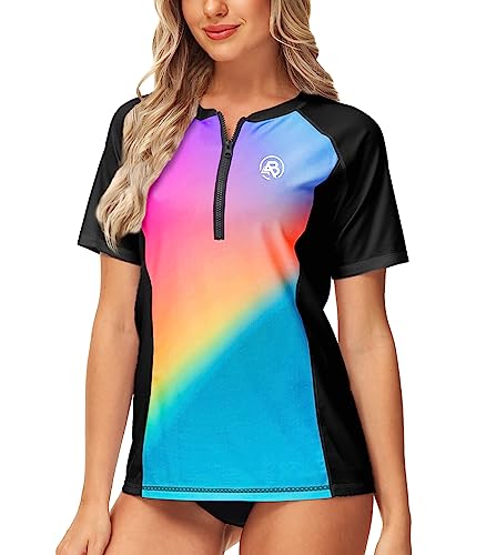 Image of AOBUTE Women Zip Rash Guard UPF 50+ Gradient Short Sleeve Swim Top Surf Shirts
