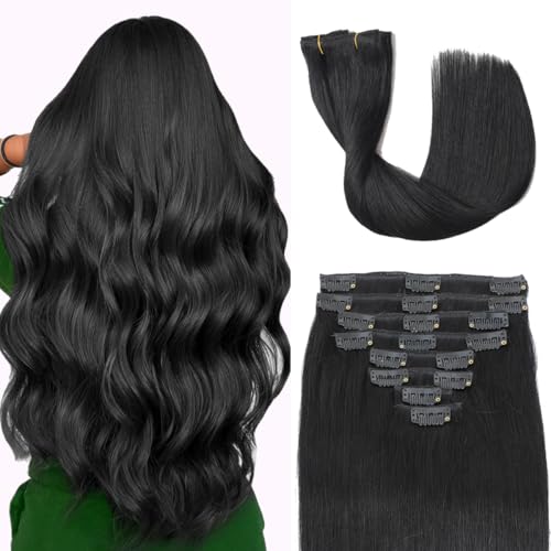 Clip in Hair Extensions Real Human Hair 3.9oz/110g Clip ins 100% Brazilian Remy Human Hair Extension for Women Clip in Extensions 8pcs Per Set with 18 Clips Double Weft (22 Inch #1 Jet Black)