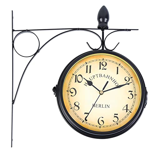 Youwise Horloge de Gare Double Face Couleur Noire, Horloge Murale 31 cm * 29 cm, Horloge Murale Rétro, Nombre Horloge Murale en Fer, Montre Murale avec Support de Montage