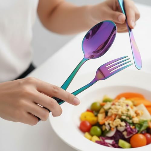 Image of 25 Pcs Rainbow Cutlery Set for Dining Table the Perfect Mirror Polish Hevy Duty Tableware Including Dinner Spoon, Dinner Fork, Dinner Knife, Dessert Spoon & Dessert Fork