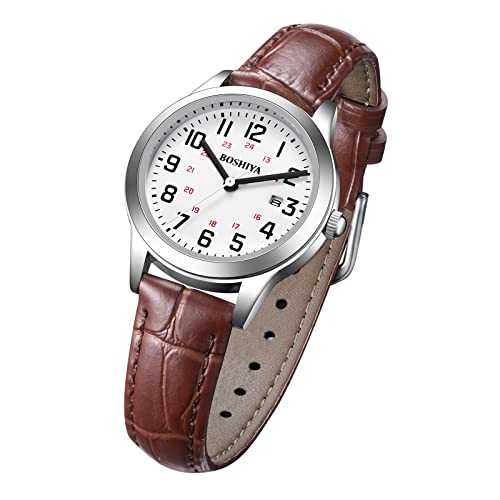 Boshiya Women's Watches Leather Analog Quartz Easy Reader Elegant Ladies Watches Waterproof Business Women Wrist Watches With Date Calendar (Brown Silver) #TOP4