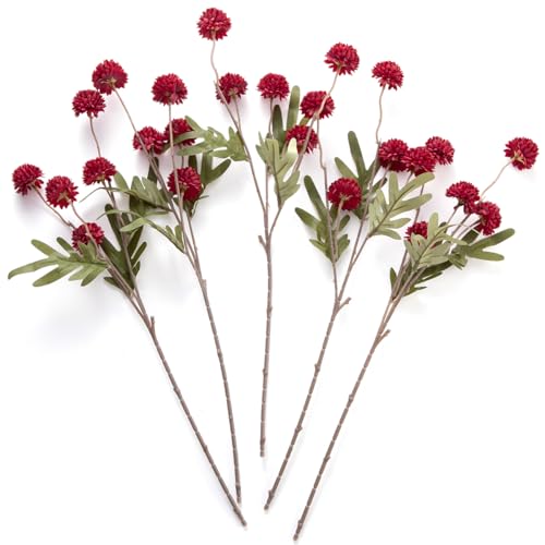 Laelfe Artificial Kiku Flower Wind Red- 5 Pcs Fake Pompon Mums Silk Small Chrysanthemum Faux Ball Fall Flower Stem Decor for Wedding Filler DIY Bouquet Centerpieces Arrangements Shower (Dark Red)