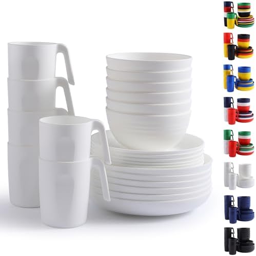 Berglander Weißes Plastikgeschirr Sets 24 teiliger für 6 Personen, wiederverwendbare Teller und Schüsseln mit Speisetellern, Desserttellern, Müslischalen, Tassen für Zuhause, Garte
