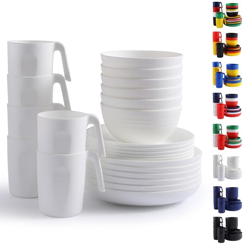 Berglander vajilla de plástico blanco Servicio de 24 piezas para 6, juegos de platos y tazones reutilizables incluye platos de cena, plato de postre, tazones de cereales, tazas para el hogar, jardín